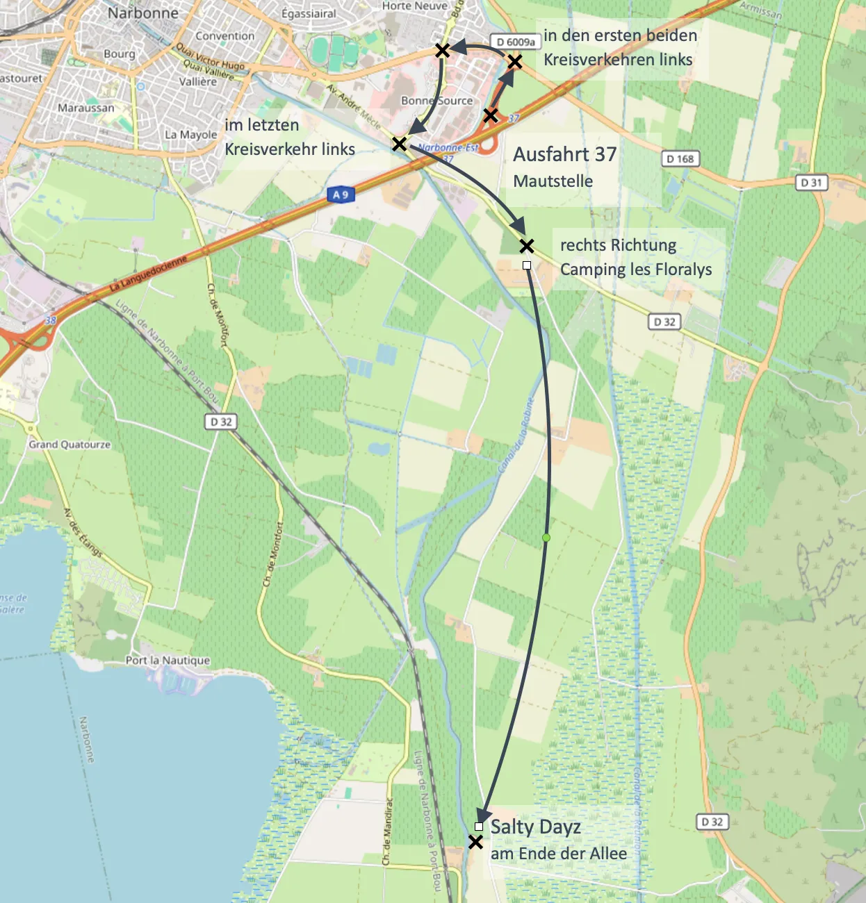 OpenStreetMap-Karte mit eingezeichneter Route: von der A9-Ausfahrt 37 mit Mautstelle in den ersten beiden Kreisverkehren links, im letzten Kreisverkehr links, dann rechts Richtung Camping les Floralys bis zu Salty Dayz am Ende der Allee
