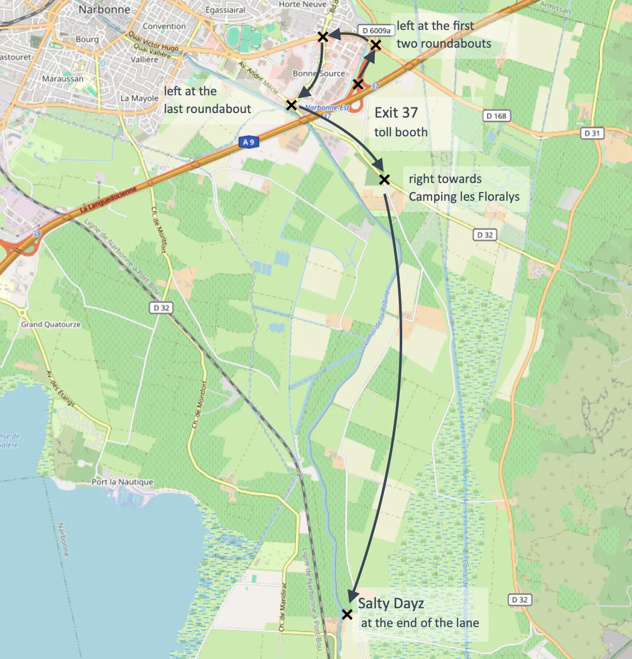 OpenStreetMap map with the route drawn in: from A9 exit 37 with toll booth, left at the first two roundabouts, left at the last roundabout, then right towards Camping les Floralys to Salty Dayz at the end of the lane