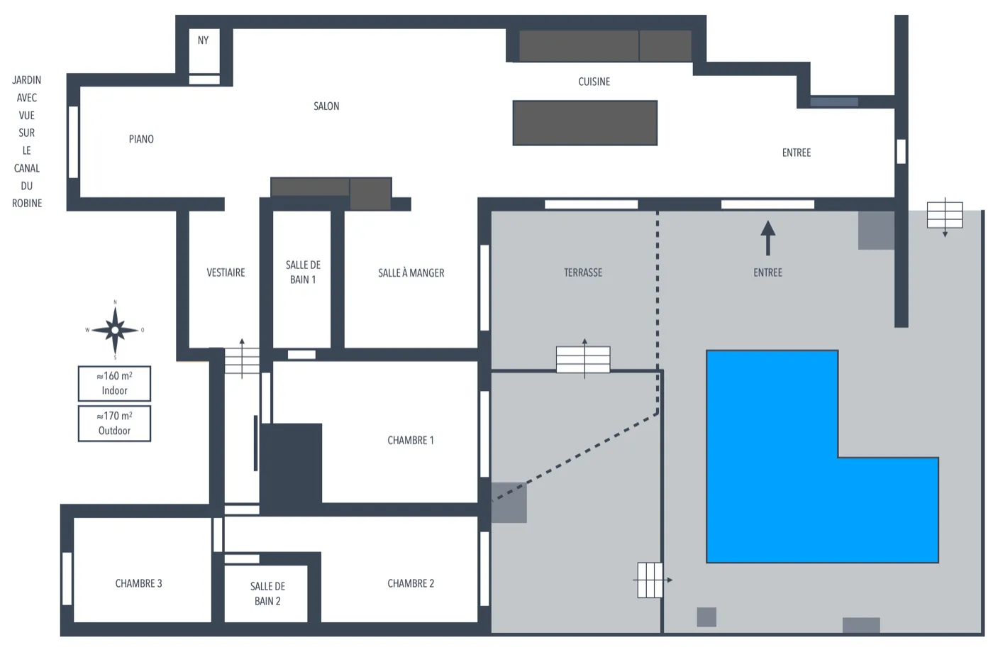 Grundriss des Masterpiece: Wohnbereich im ehemaligen Weinkeller, drei Schlafzimmer, zwei Bäder, Pool-Terrasse und Garten