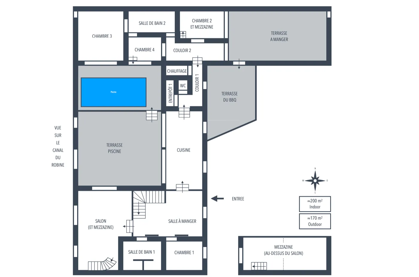 Grundriss des Penthouse: Wohnetage mit vier Schlafzimmern, zwei Bädern, Küche, Wohnbereich und drei Terrassen samt Pool