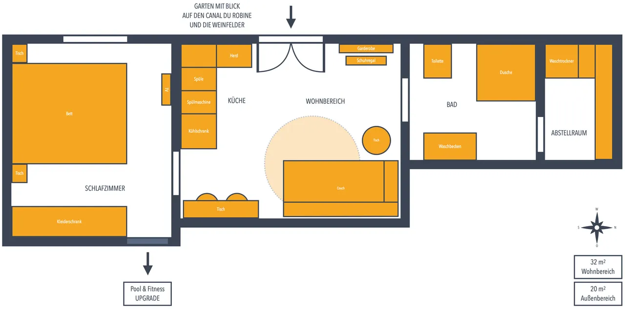 Grundriss des Studios: Salon mit Küchenzeile, Schlafzimmer, Bad, Waschküche und Garten mit Terrasse