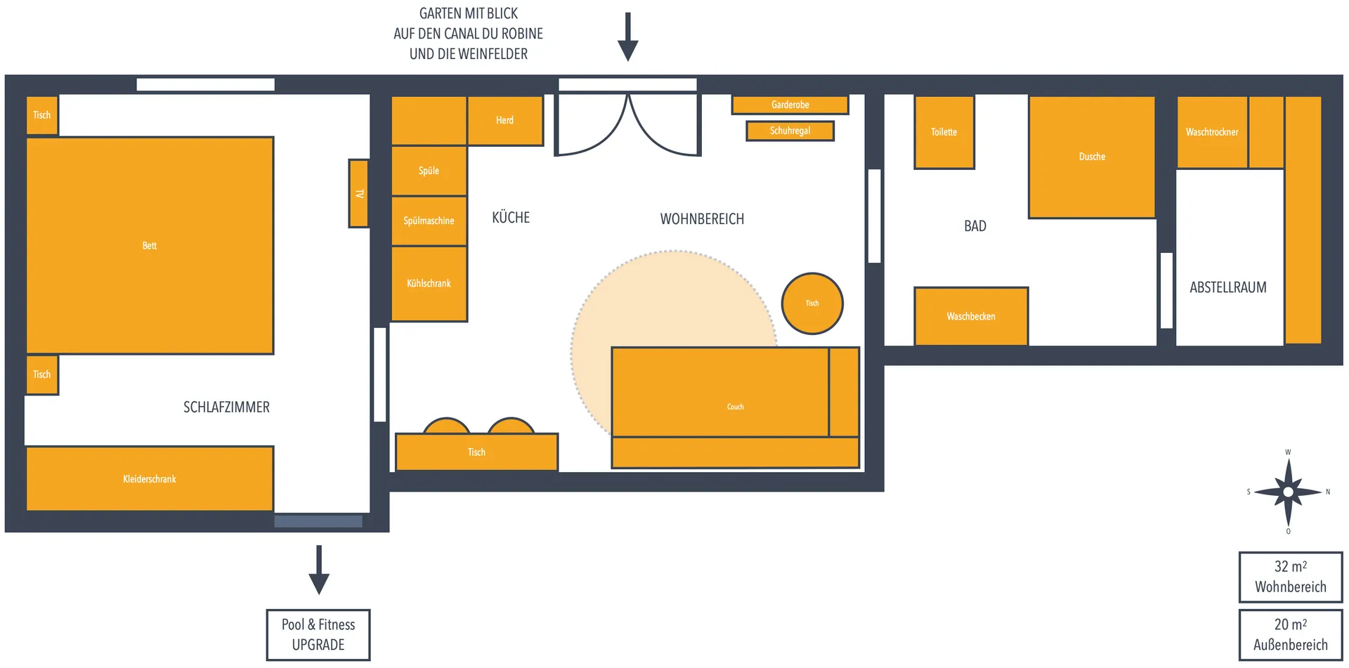 Grundriss des Studios: Salon mit Küchenzeile, Schlafzimmer, Bad, Waschküche und Garten mit Terrasse