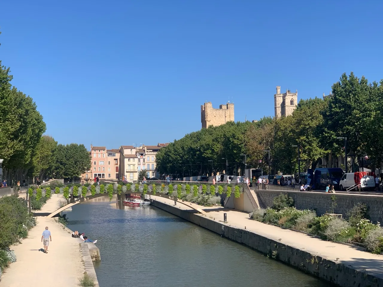 Der Canal de la Robine in Narbonne mit Brücke, Platanen und der Kathedrale im Hintergrund