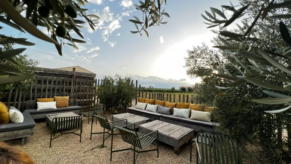 Die Lounge-Terrasse von Sarrat de Goundy zwischen Olivenbäumen mit Blick auf die Reben