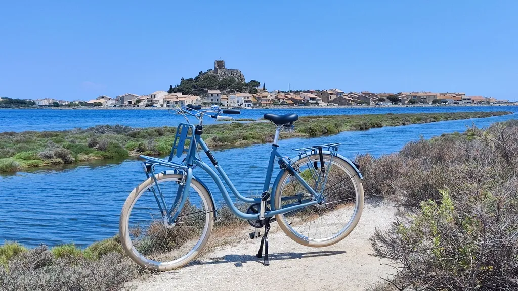 Hellblaues Citybike auf einem Sandweg zwischen den Étangs, dahinter Gruissan mit der Tour Barberousse